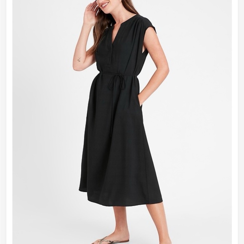 Banana Republic Black Midi Tie-Waist Dress